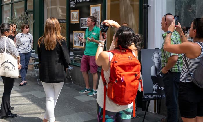 The Cardiff City of Arcades Walking tour inside one of the city's iconic Victorian shopping arcades, Wyndham Arcade.